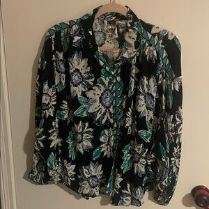 Free People Black and Green Floral Blouse